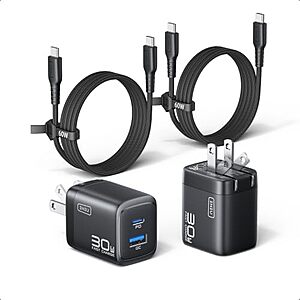 2-Pk INIU 30W GaN Mini USB-C/A Wall Charger w/ 2x 5' USB-C Cable (Black)