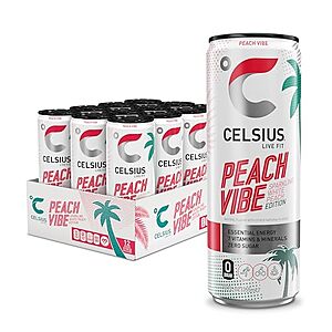12-Pk 12-Oz Celsius Essential Sparkling Energy Drink (Peach Vibe) $13.25 w/ S&S