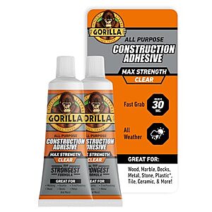 Prime Members: 2-Pk 2.5-Oz Gorilla Max Strength Construction Adhesive (Clear) $10 + Free S&H