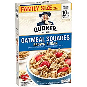Select Accts: 21-Oz Quaker Oatmeal Squares Breakfast Cereal (Brown Sugar) $2.60 w/ S&S
