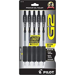 5-Pack PILOT G2 Extra Fine Point 0.5mm Premium Gel Pens (Black Ink)