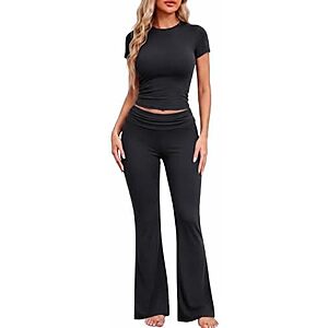 Ekouaer Women's Pajama/Lounge Set w/ Crop Top & Flare Pants (Black)