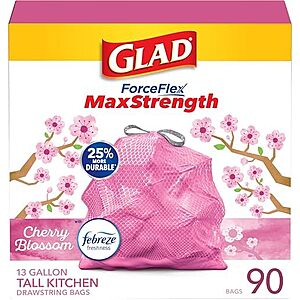 90-Ct 13-Gal Glad ForceFlex MaxStrength Tall Kitchen Drawstring Trash Bags $11.40 w/ S&S
