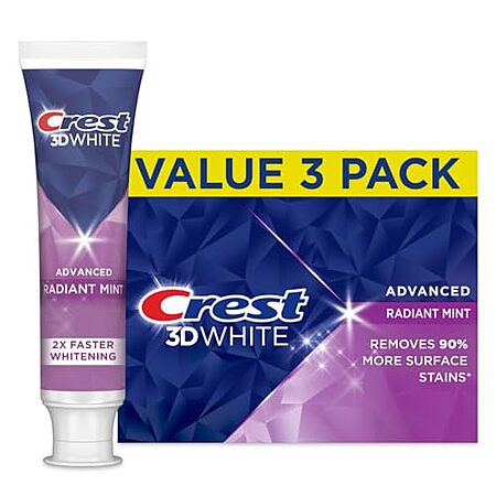 [S&S, AC] $11.50: 2 × 3-Pack 3.3-Oz Crest 3D White Advanced Teeth Whitening Toothpaste (Radiant Mint) ($5.75 each) at Amazon ($1.92 each)