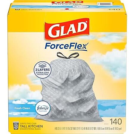 [S&S, AC] $14.69*: 140-Count 13-Gallon Glad ForceFlex Tall Kitchen Trash Bags (Fresh Clean) at Amazon