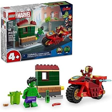 $9.50: 68-Piece LEGO Marvel Super Heroes: Avengers - Iron Man with Bike and The Hulk (76287, 2024) at Amazon