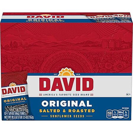 [S&S, AC] $3.82* | 12-Pack 1.625-Oz DAVID Salted & Roasted Sunflower Seeds (Original) at Amazon (31.8￠ each)