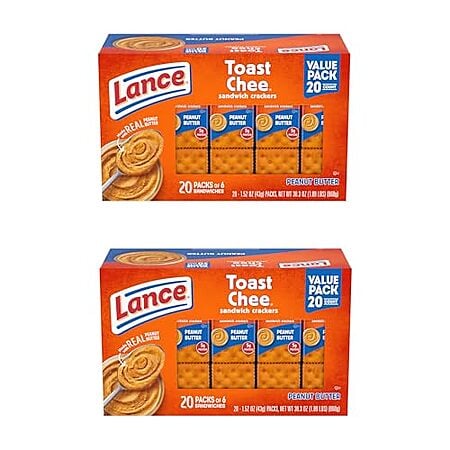 $7.42 | 40-Pack 1.52-Oz Lance Sandwich Crackers (ToastChee Peanut Butter) at Amazon