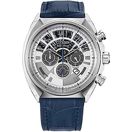 $225 | 44mm Citizen Eco-Drive Men's Star Wars Millennium Falcon Stainless Steel Chronograph Watch, Blue Leather Strap, Luminous (Model: CA4281-00W) at Amazon