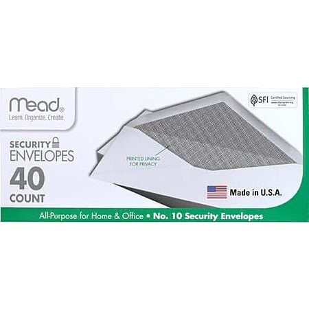 $1.08* | 40-Count Mead #10 All-Purpose Security Printed Lining Envelopes for Home/Office at Amazon