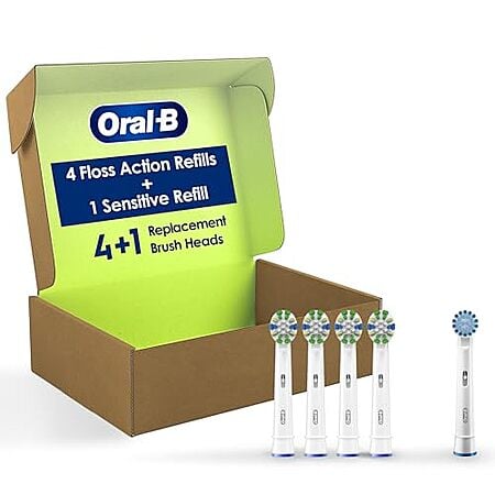 [S&S] $20.58 | Oral-B FlossAction Electric Toothbrush Replacement Brush Heads, White, 4 Count + 1 Sensitive White at Amazon