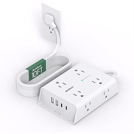 [Prime] $8.99* | 10' 8-Outlet Addtam Flat Plug 1080J Surge Protector w/ 2 USB-C & 2 USB-A Ports at Amazon