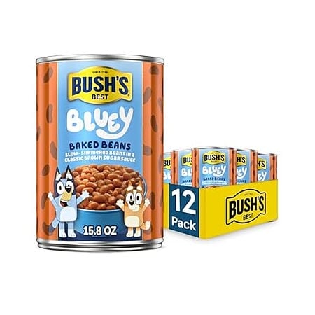 [SnS] $11.21* | BUSH'S BEST 15.8 oz Canned Bluey Original Baked Beans, Source of Plant Based Protein and Fiber, Low Fat, Gluten Free, (Bluey), (Pack of 12) at Amazon