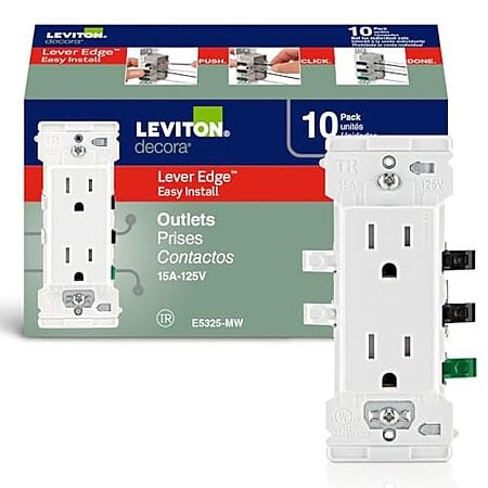 $19.98 | Leviton Lever Edge 15 Amp Tamper-Resistant Duplex Wall Outlet, 10-Pack, E5325-MW, White at Amazon
