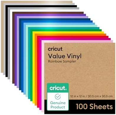 $24.99 | Cricut Value Permanent Vinyl - 100ft Rainbow Sampler, 12in x 12in Sheets (100 Count) at Amazon