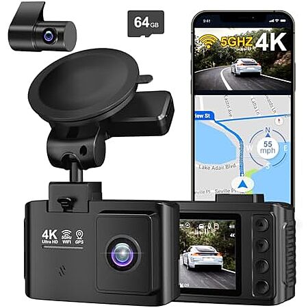 Wanlipo Dual Channel 4K Front + 2.5K Rear Dash Cam w/ 64GB microSD