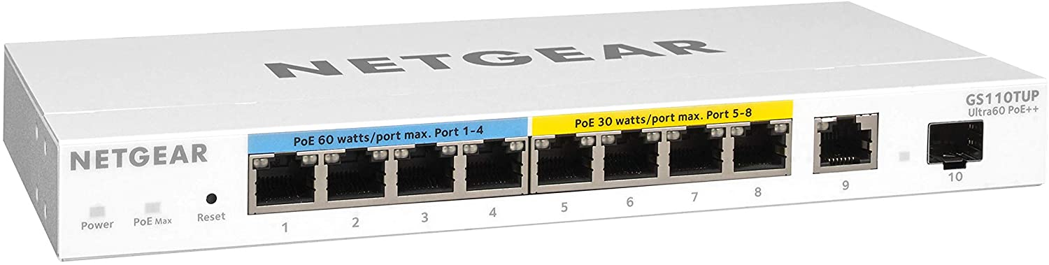 Amazon.com: NETGEAR 10-Port Ultra60 PoE Gigabit Ethernet Smart Switch (GS110TUP) - 8 x 1G, Managed, 4 x PoE+ and 4 x PoE++ @240W, 2 x 1G Uplinks, $199