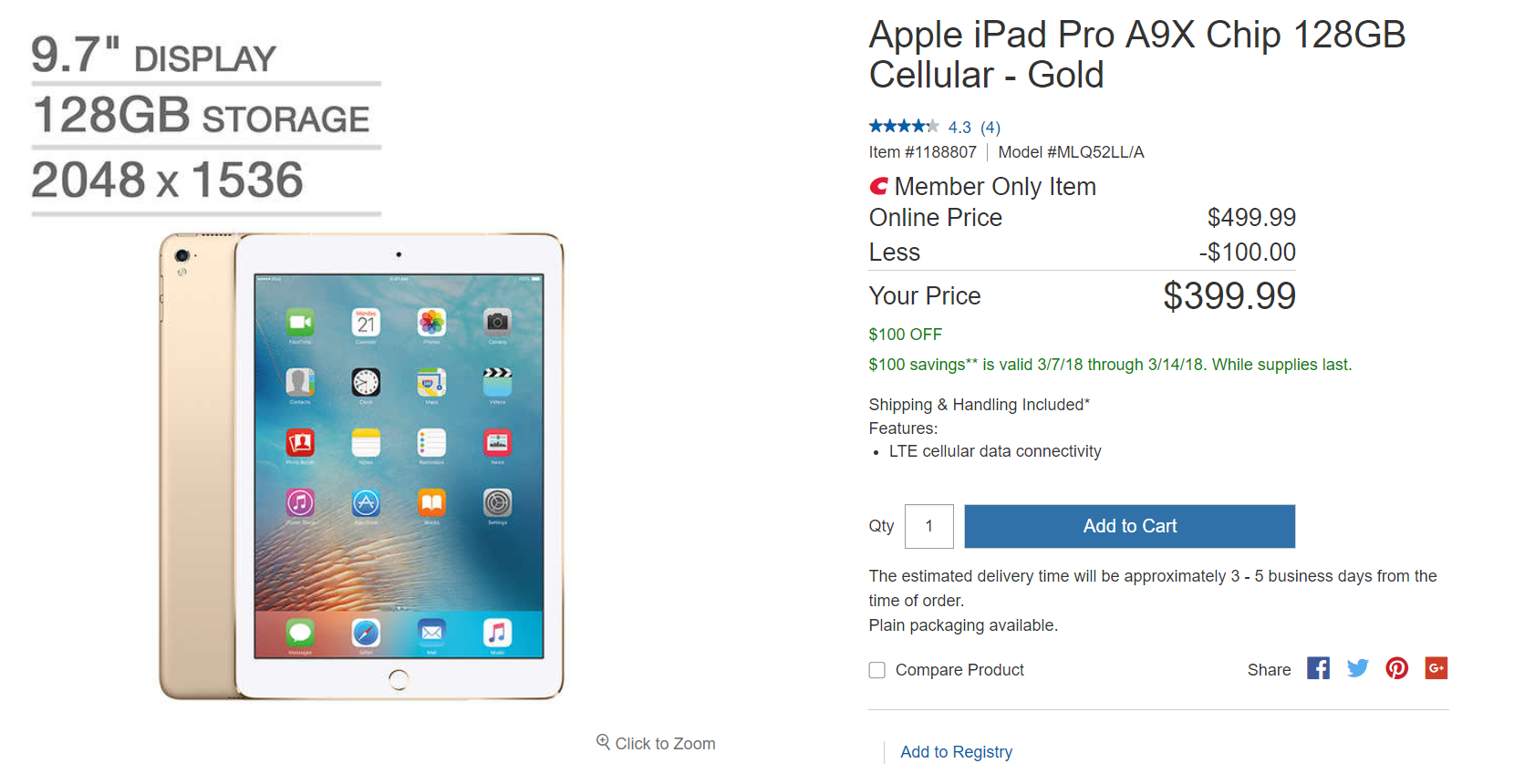 Costco Members Apple iPad Pro 9.7" WiFi + 4G LTE Tablet 128GB 400