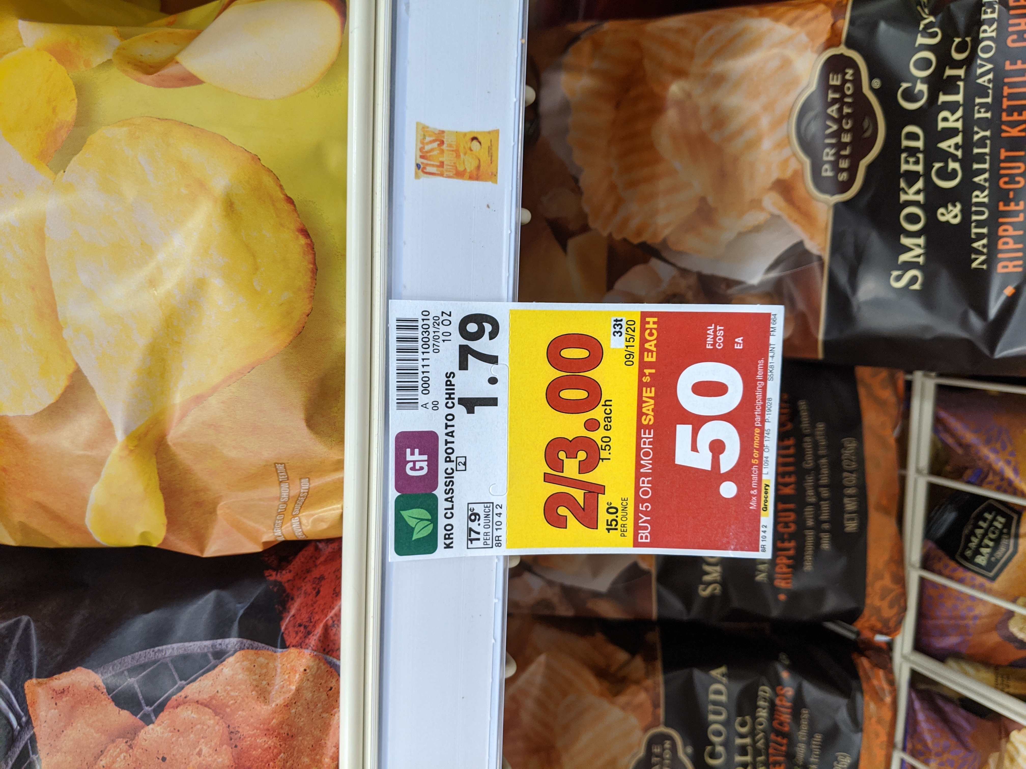 Kroger brand 10 oz  Chips -  $2.50 for 5 ($0.50 each) - YMMV