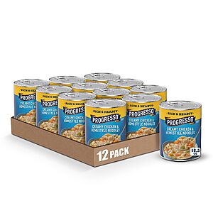 12-Pack Progresso Creamy Chicken and Homestyle Noodles Soup, Rich and Hearty Canned Soup, 18.5 oz $11.64 Shipping is free w/ Prime or on $35+