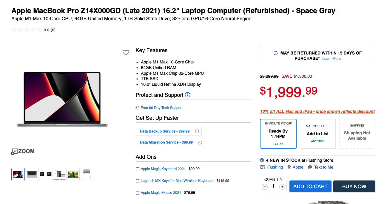 Refurb MacBook Pro 16” M1 Max 64gb 1Tb SSD (Microcenter In Store Only) YMMV - $1999.99