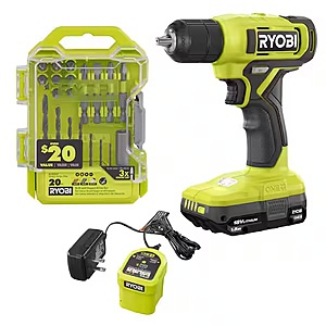 RYOBI ONE+ 18V Cordless 3/8 in. Drill/Driver Kit with 1.5 Ah Battery, Charger, and Drill and Impact Drive Kit (20-Piece) $44.97