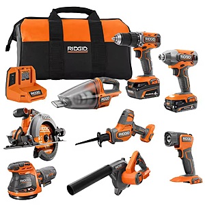 RIDGID 18V 8-Tool Combo Kit w/ 2Ah MAX Battery, 4Ah MAX Battery, Charger, & Tool Bag $299 + Free S&H