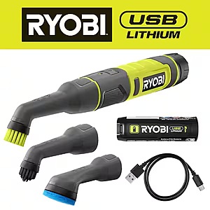 RYOBI USB Lithium Cordless Compact Detail Scrubber Kit w/ 2Ah Battery, Charging Cable & (3) Head Attachments-Med, Hard & Scour $29.97