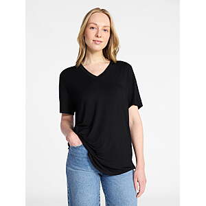 Time and Tru Women's V-Neck Short Sleeve Tunic Tee (Black, XS-M)