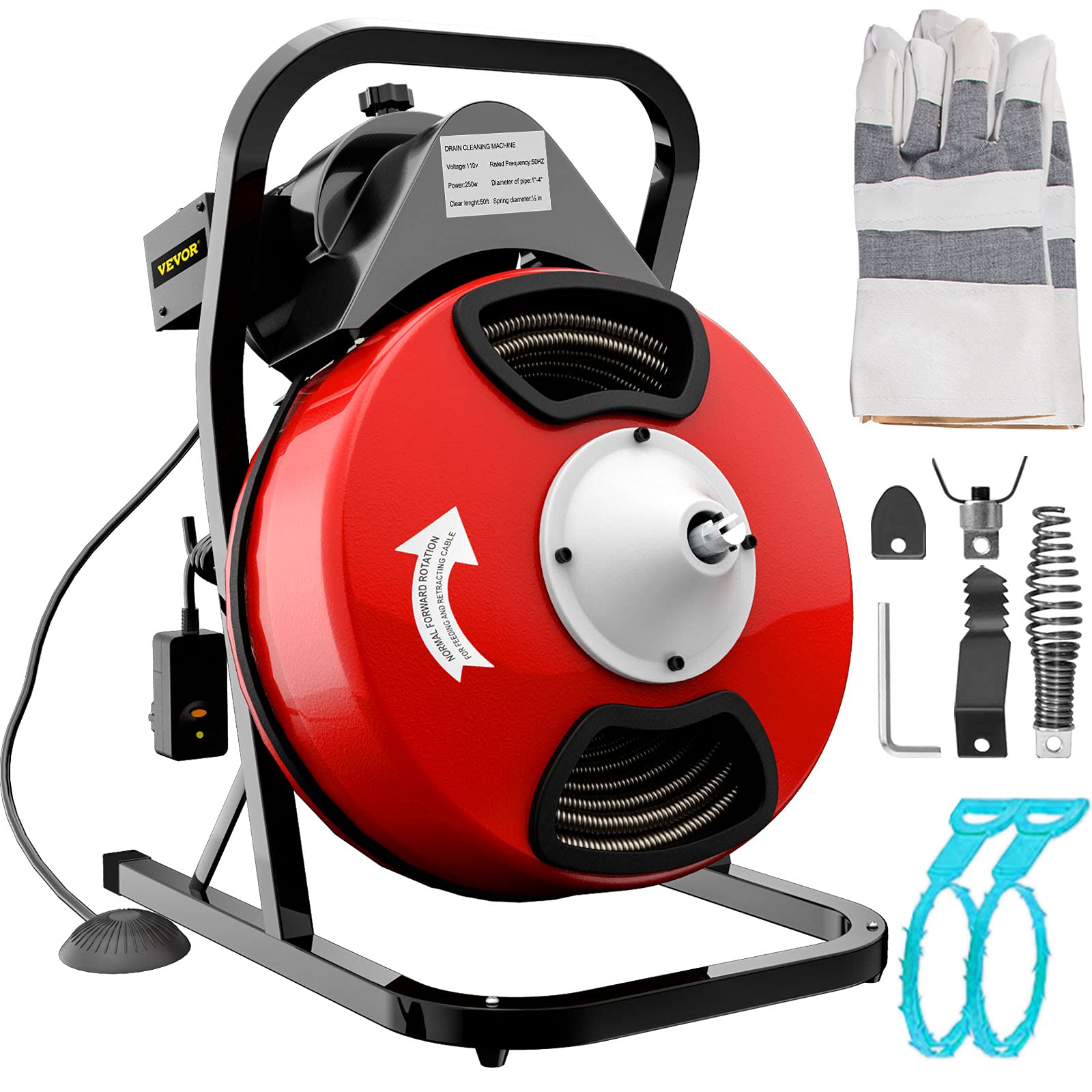 VEVOR 50FTx1/2Inch Drain Cleaner Machine Electric Drain Auger with 4 Cutter & Foot Switch Drain Cleaner Machine Sewer Snake Drill Drain Auger Cleaner for 1" to 4" Pipes $169