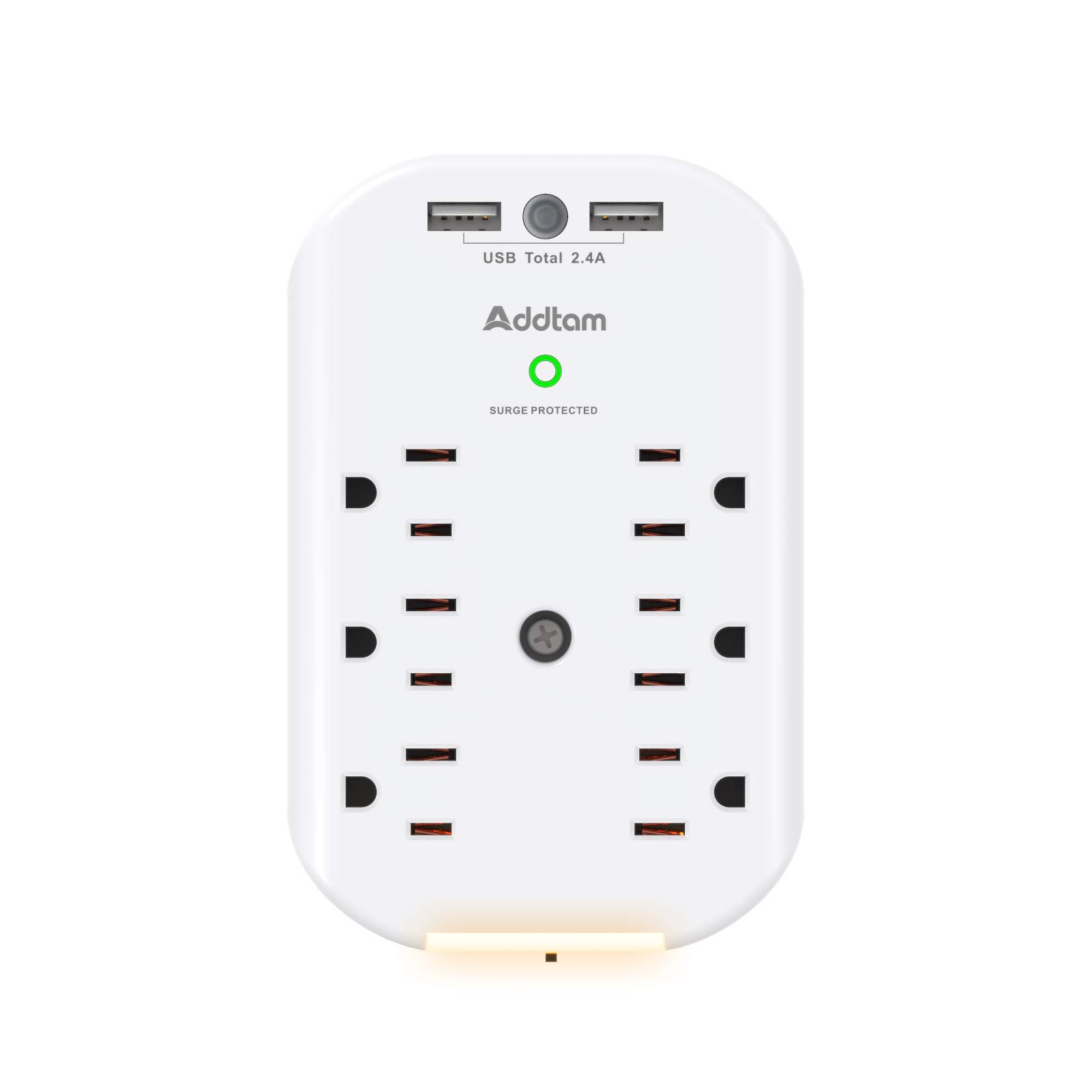 $9.89 6 Outlet Surge Protector, Addtam Wall Outlet Extender with Sensor Night Light, Multi Plug Outlet Wall Adapter Power Strip with 2 USB Charging Portss. - $9.89