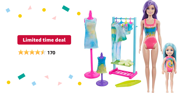 Limited-time deal: Barbie Color Reveal Gift Set, Tie-Dye Fashion Maker, Color Reveal Barbie Doll, Chelsea ​Doll and Pet, Tie-Dye Tools and Dye-able Fashions​ - $20.00