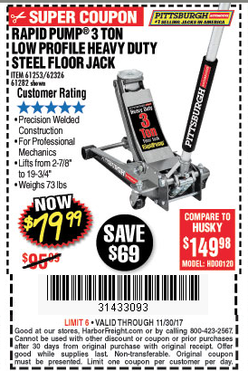 Harbor Freight 3 Ton Low Profile Steel Floor Jack 79 99