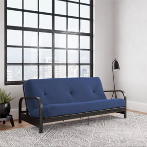 DHP Cleo Black Metal Arm Full Size Futon Frame with 6 Blue