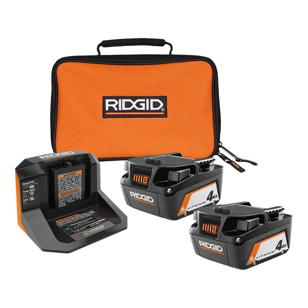 RIDGID 18V Lithium-Ion (2) 4.0 Ah Battery Starter Kit with Charger and Bag AC93044SBN - $99