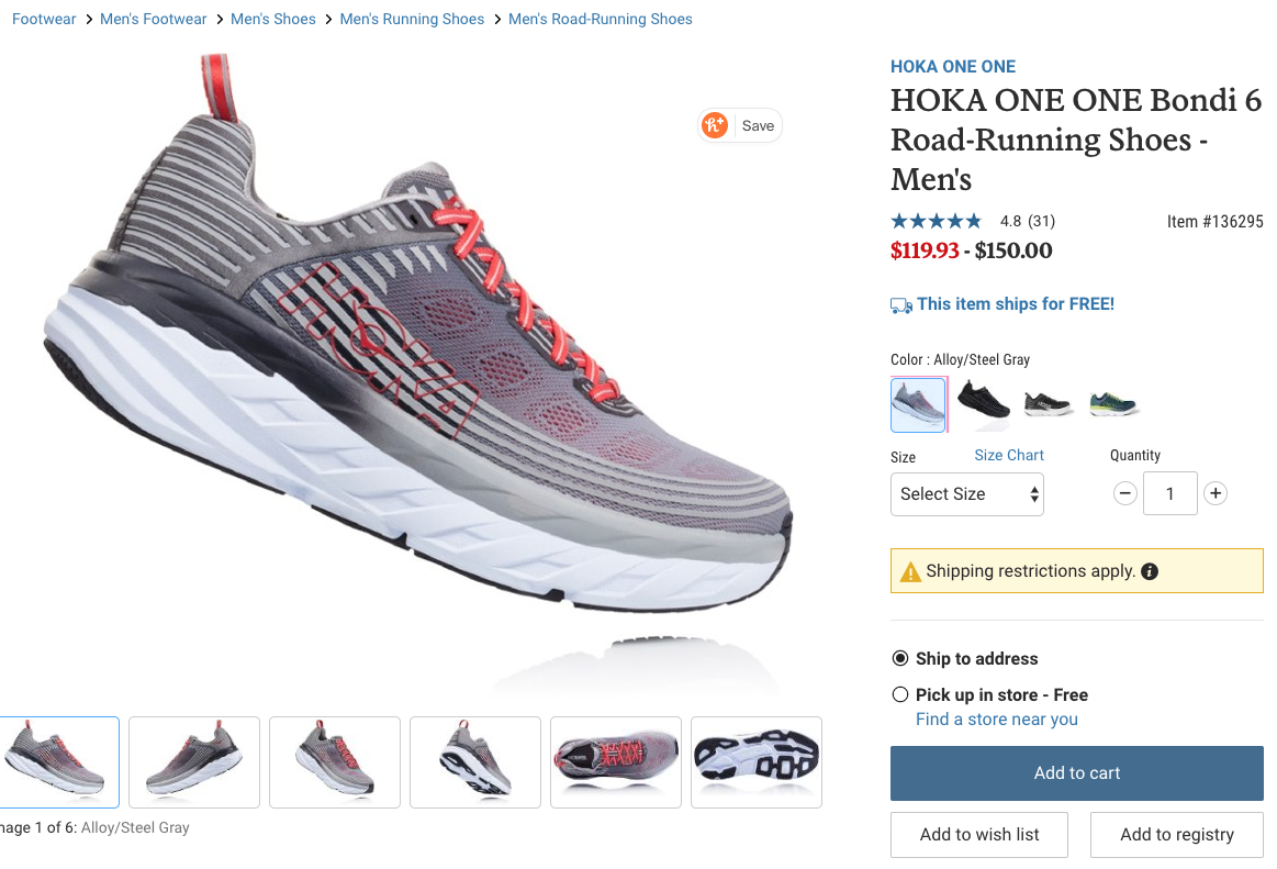 Hoka One One Bondi 6 20% off $119.93