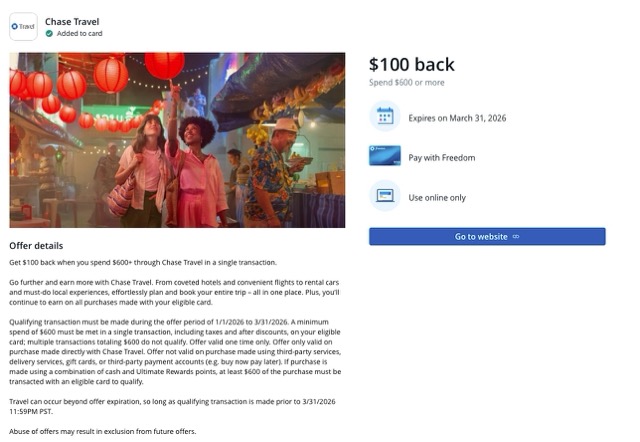 Chase Freedom Credit Card Offer "Get $100 back when you spend $600+ through Chase Travel in a single action" [YMMV]