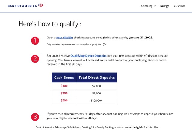 BofA New checking customers Cash Offer Up To $500