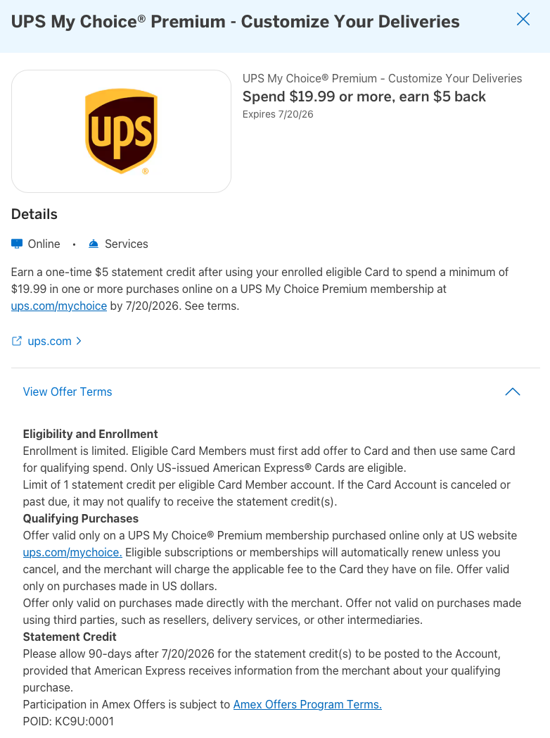 [YMMV] AMEX Offer - UPS My Choice® Premium - Customize Your Deliveries Spend $19.99 or more, earn $5 back