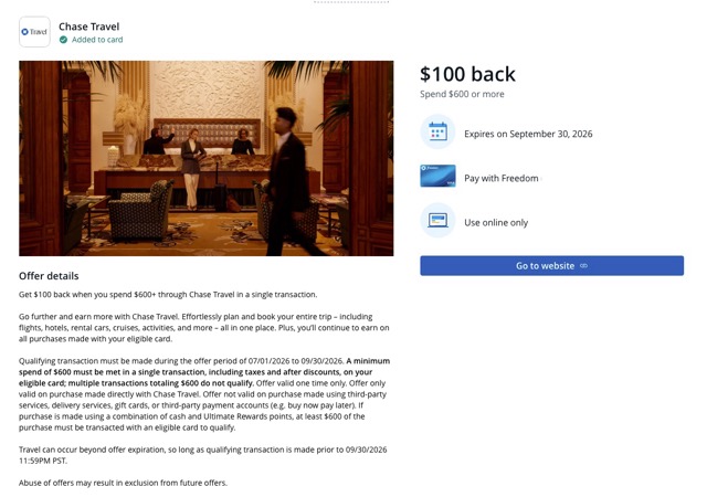 Chase Freedom CC Offer - Chase Travel $100 Back Spend $600 or More" - Need Enrollment [YMMV]