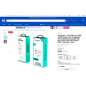 BestBuy - Chargeworx - Dual USB-A and USB-C Wall Charger, Fast Charging for iPhone 16/15, Samsung S24–S10, Note 20/10, Pixel, Moto & More - White - Open Box - Good $2.99