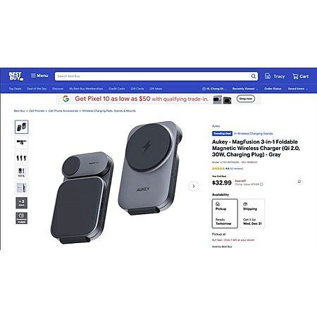 Aukey - MagFusion 3-in-1 Foldable Magnetic Wireless Charger (Qi 2.0, 30W, Charging Plug) - Gray $32.99