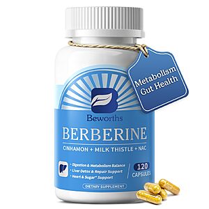 Amazon – Berberine HCL Supplement w/ Ceylon Cinnamon, NAC & Milk Thistle, 120ct $10.48 w/ Code