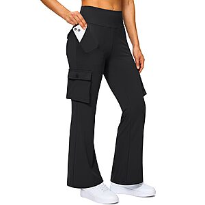 Women's 6 Pockets High Waist Stretch Cargo Flare Leggings (3 Colors)