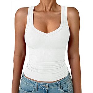 GKBK Women's Ribbed V-Neck Sleeveless Tank Top (White or Black)