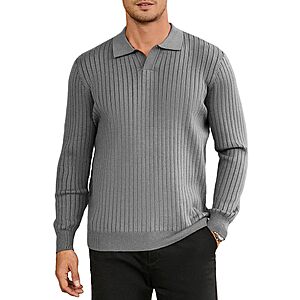 Men's Ribbed Knit Long Sleeve Polo V Neck Sweater