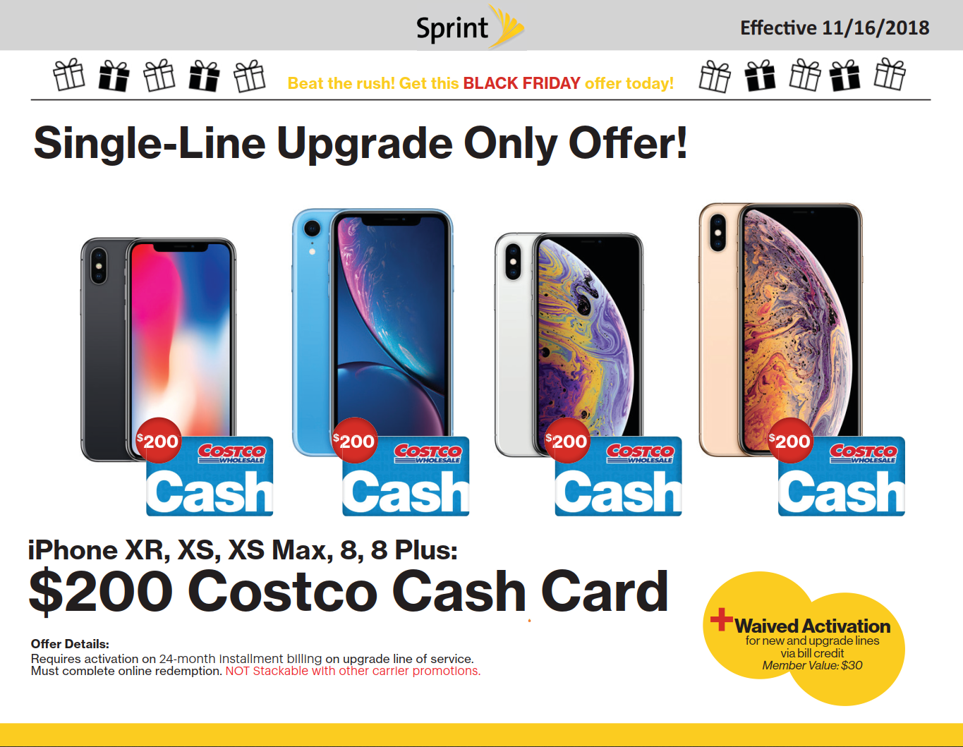 COSTCO - Existing Sprint Customers - $200 Costco gift card with purchase of iPhone 8 / 8+ / XR / XS / XS Max