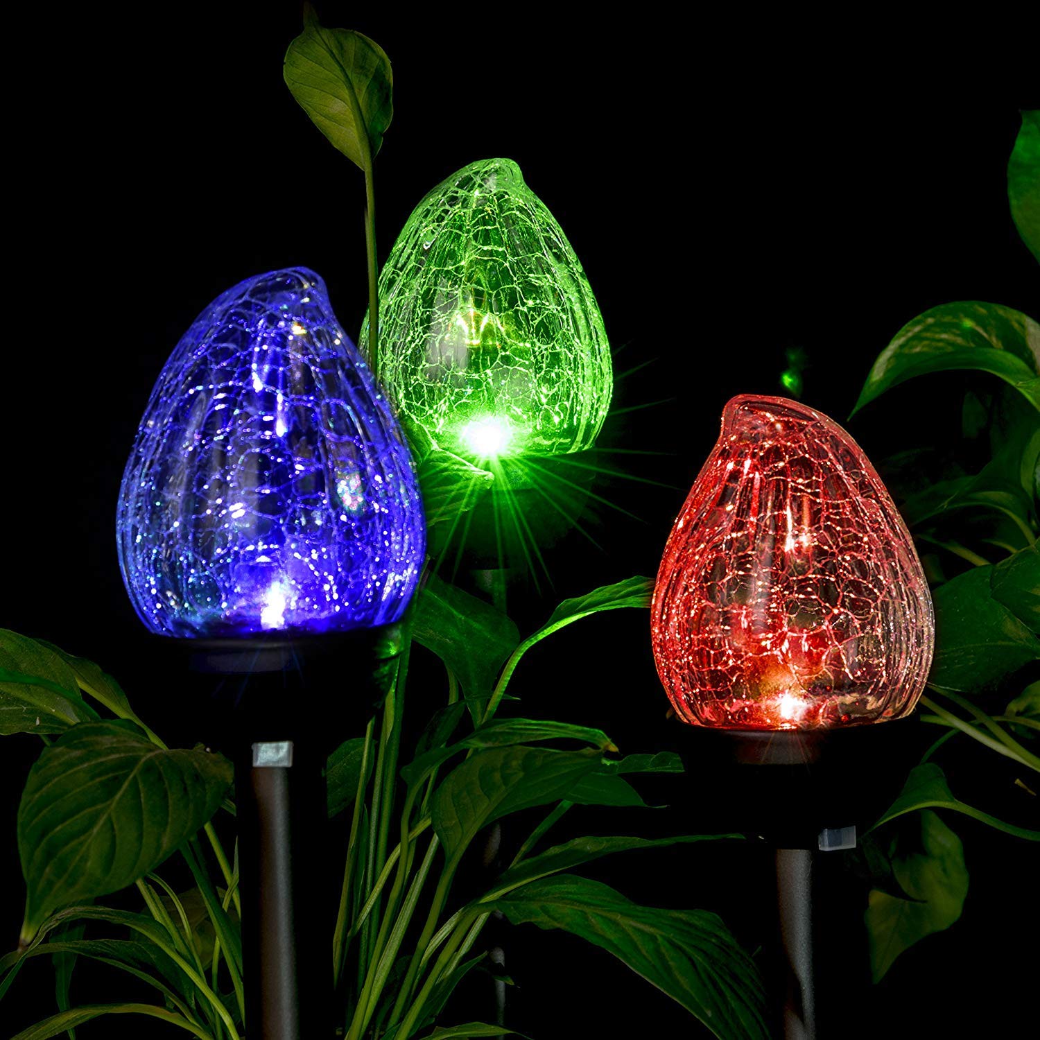 3 Packs Cracked Glass Flame Shaped Dual Led Garden Solar Lights