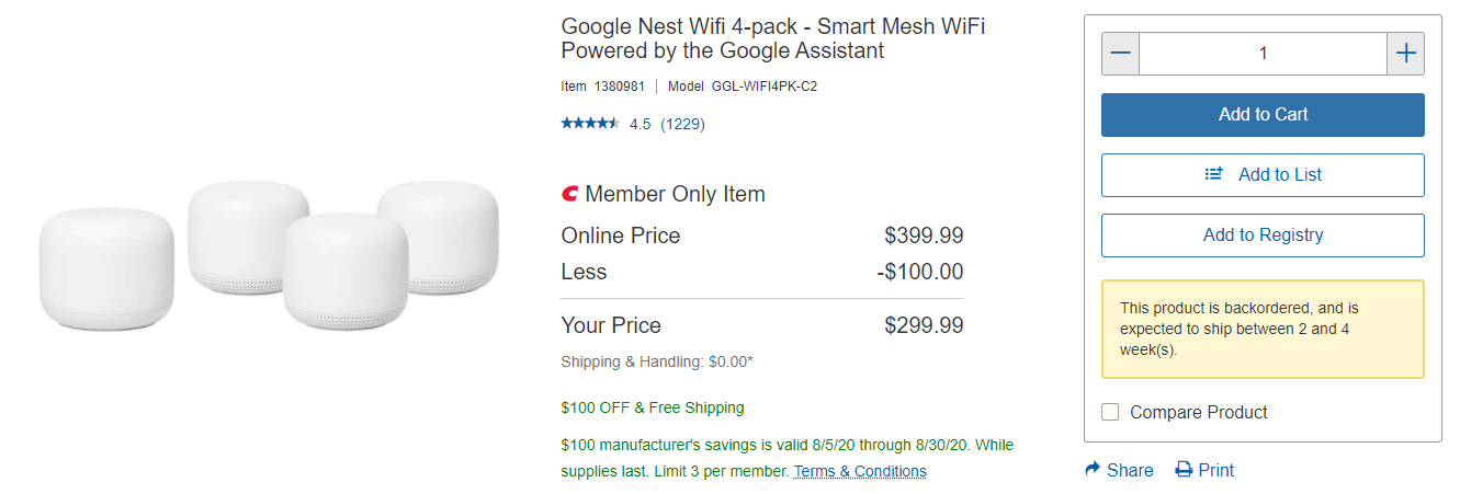 Costco Members Only Google Nest Wifi 4 Pack Ac2200 Smart Mesh Wifi Router With Three Add