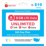 Red Pocket 360 Day Prepaid Wireless Phone Plan Unlimited Talk, Text, And Data (5GB LTE) $199